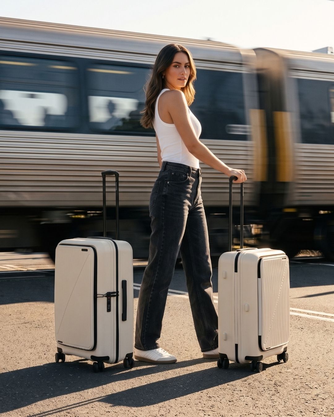 Woman walking two cream San Michelle hard shell suitcases along a train platform