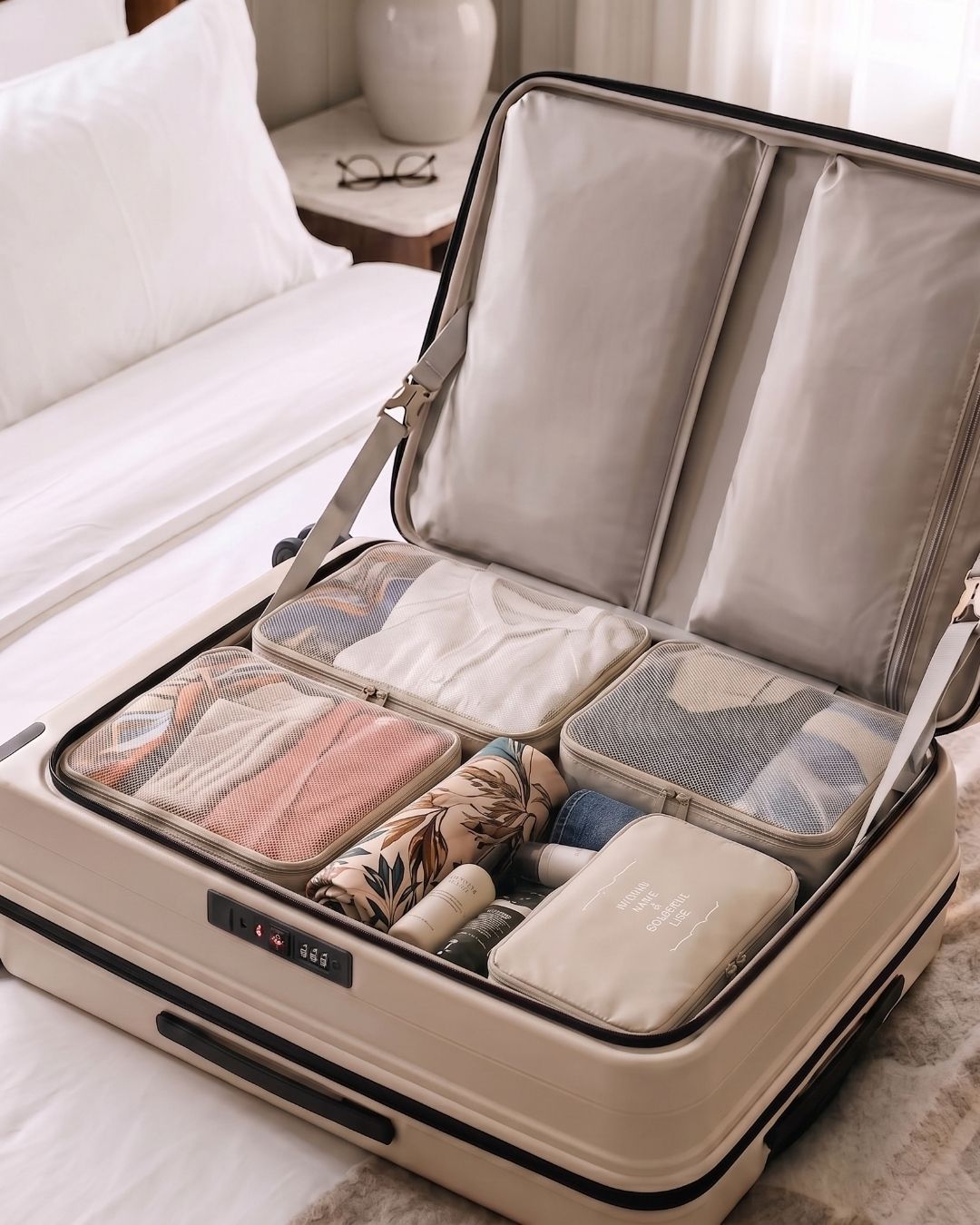 Open cream suitcase on a bed, neatly packed with packing cubes
