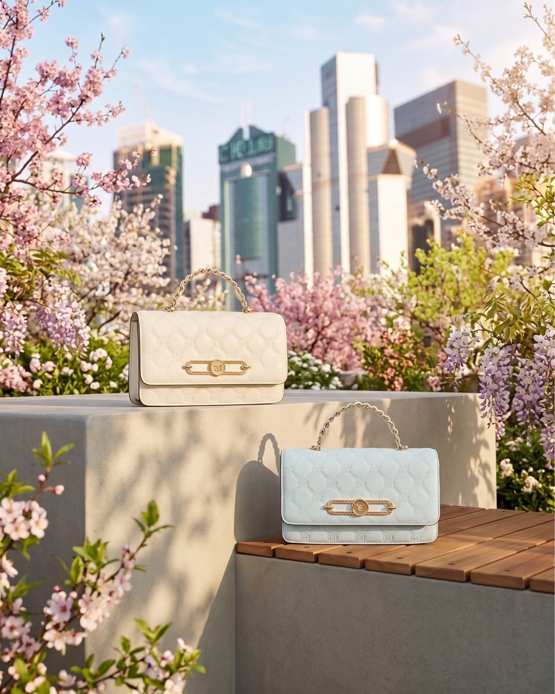 Cream and pale blue quilted handbags on a stone ledge among spring blossom