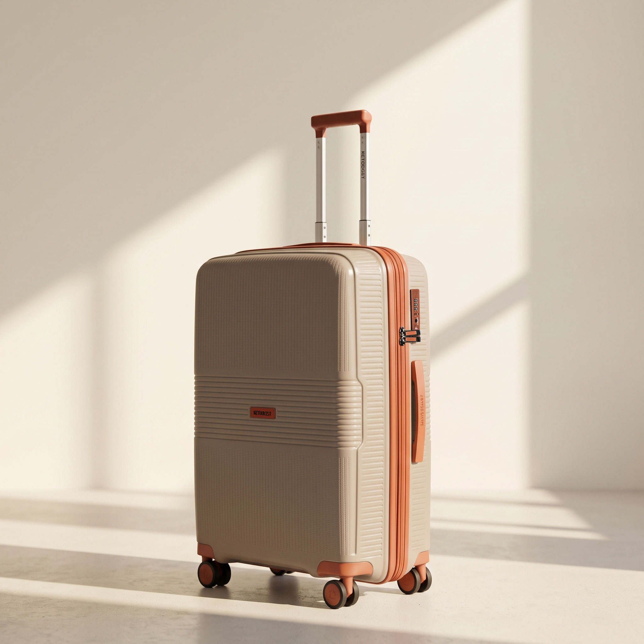 Medium checked suitcase in taupe with orange trim in a sunlit studio