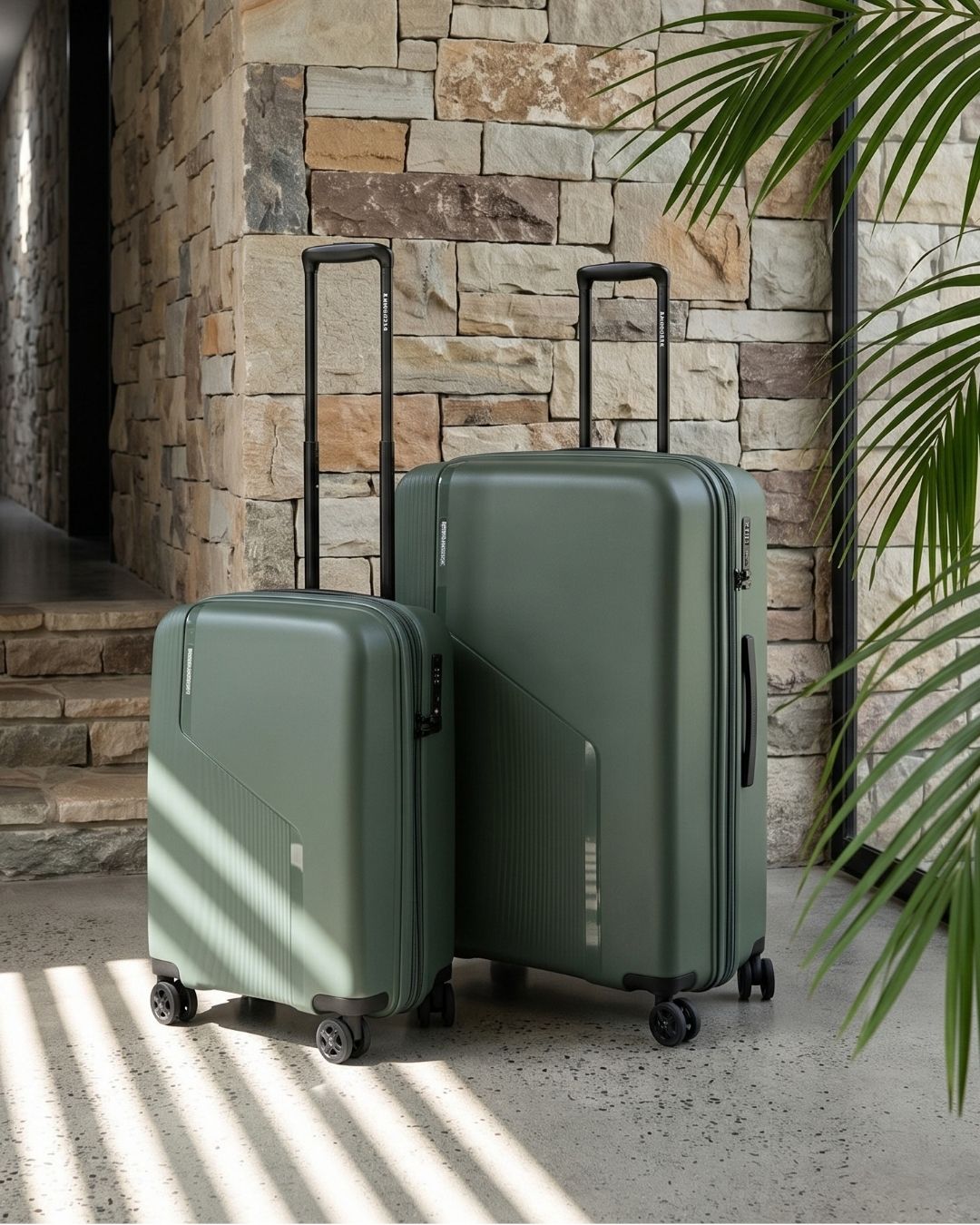Two sage green hard shell suitcases against a stone wall