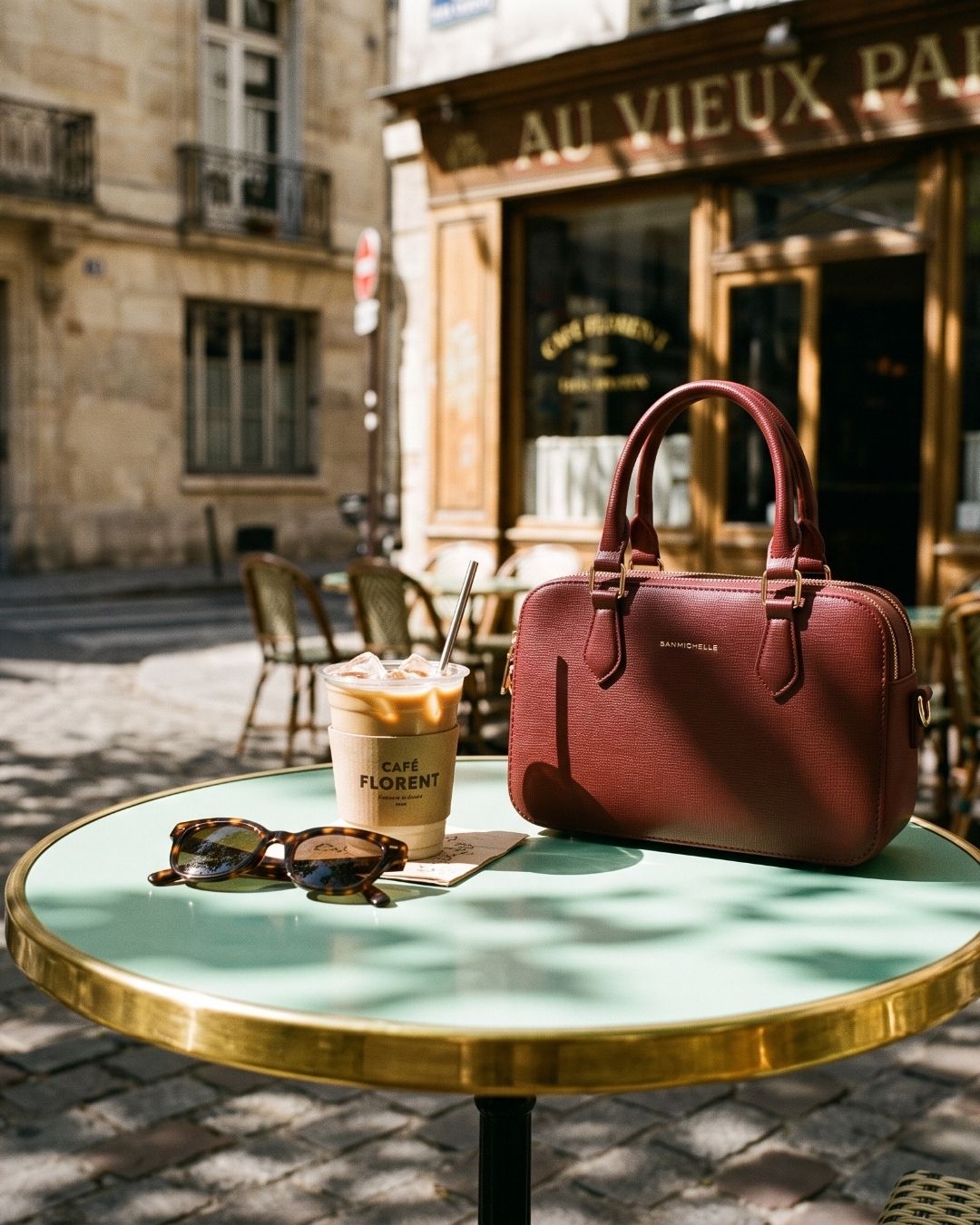Burgundy leather handbag on a cafe table beside an iced coffee