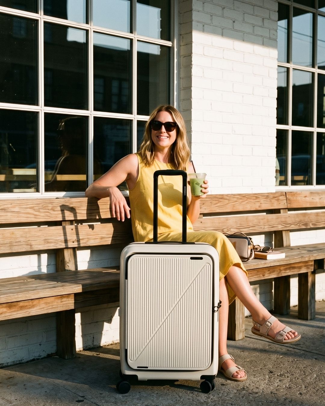 Woman on a sunny bench beside a cream front opening carry on suitcase
