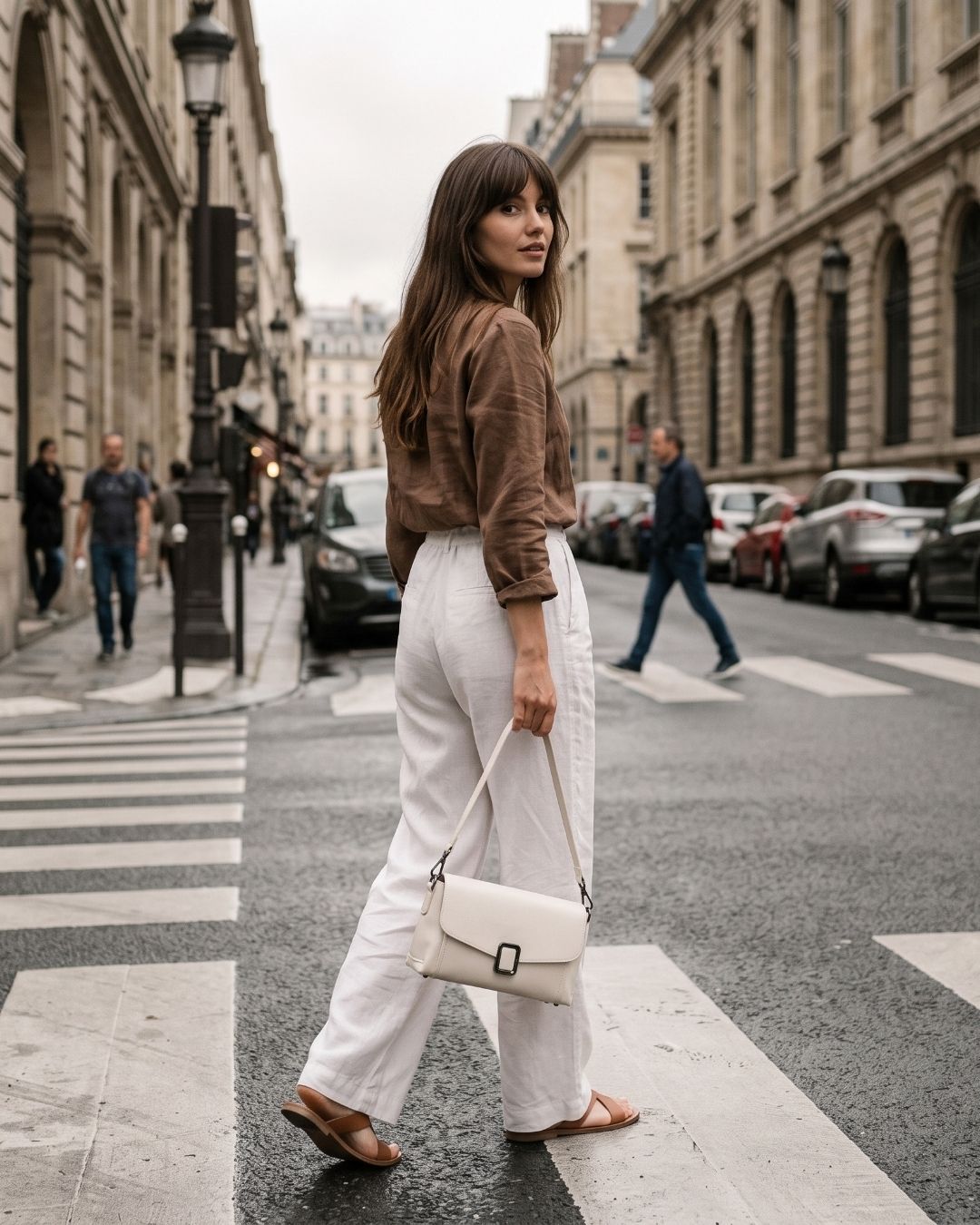 Woman crossing a city street with a cream leather crossbody bag