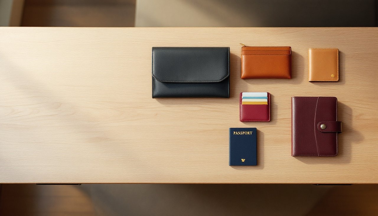 Flat lay of long wallet, medium wallet, small trifold purse, cardholder, coin purse and passport holder on an oak table