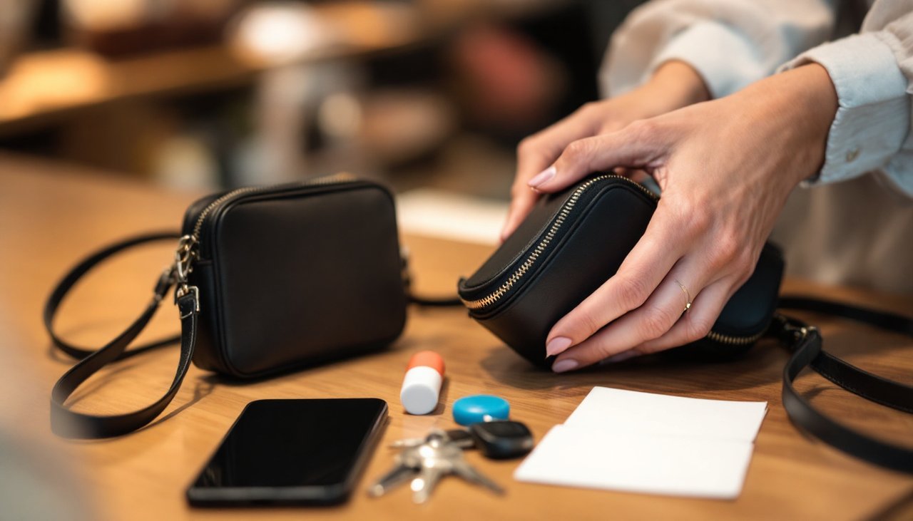 Hands placing a small purse into an open crossbody bag on a shop counter next to a phone and keys