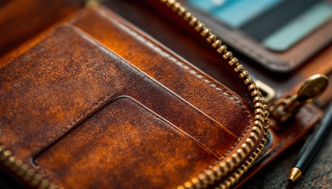 Close up of a leather purse showing card slot stitching, fabric lining and a metal zip corner