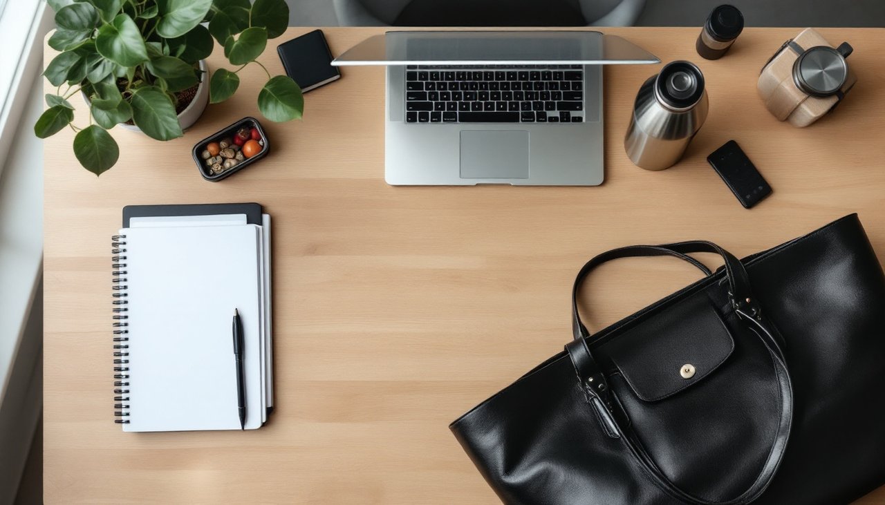 Laptop, lunch box, drink bottle and notebook laid out beside an open black work handbag on a desk