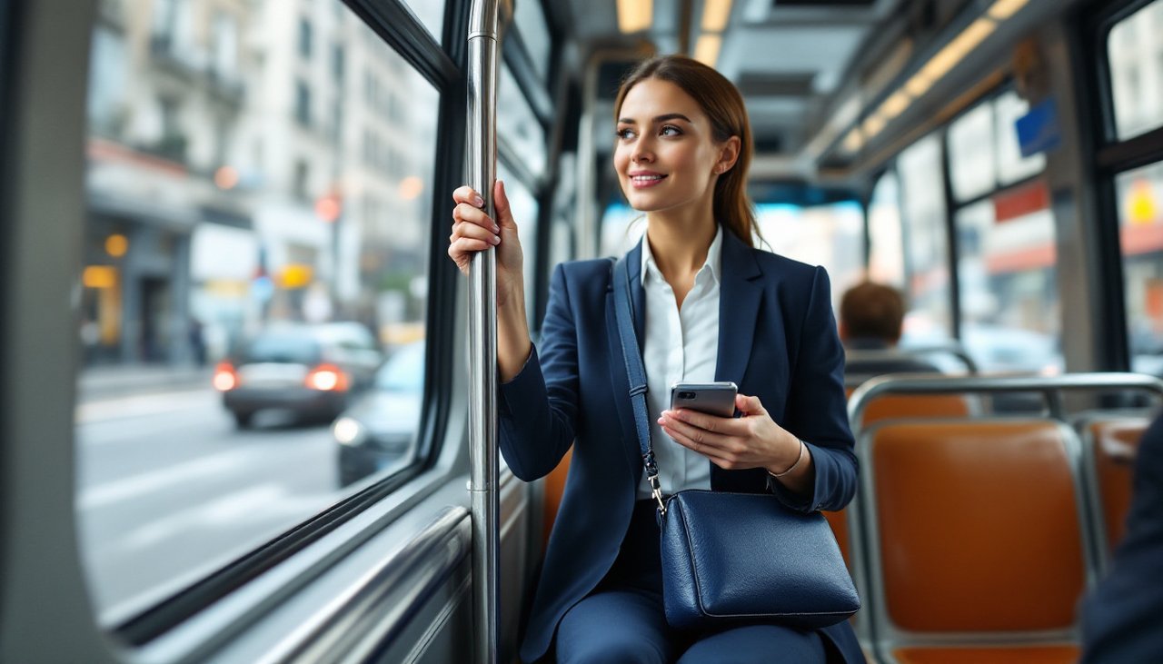 Commuter on a city bus holding a handrail with a navy crossbody work bag across her body