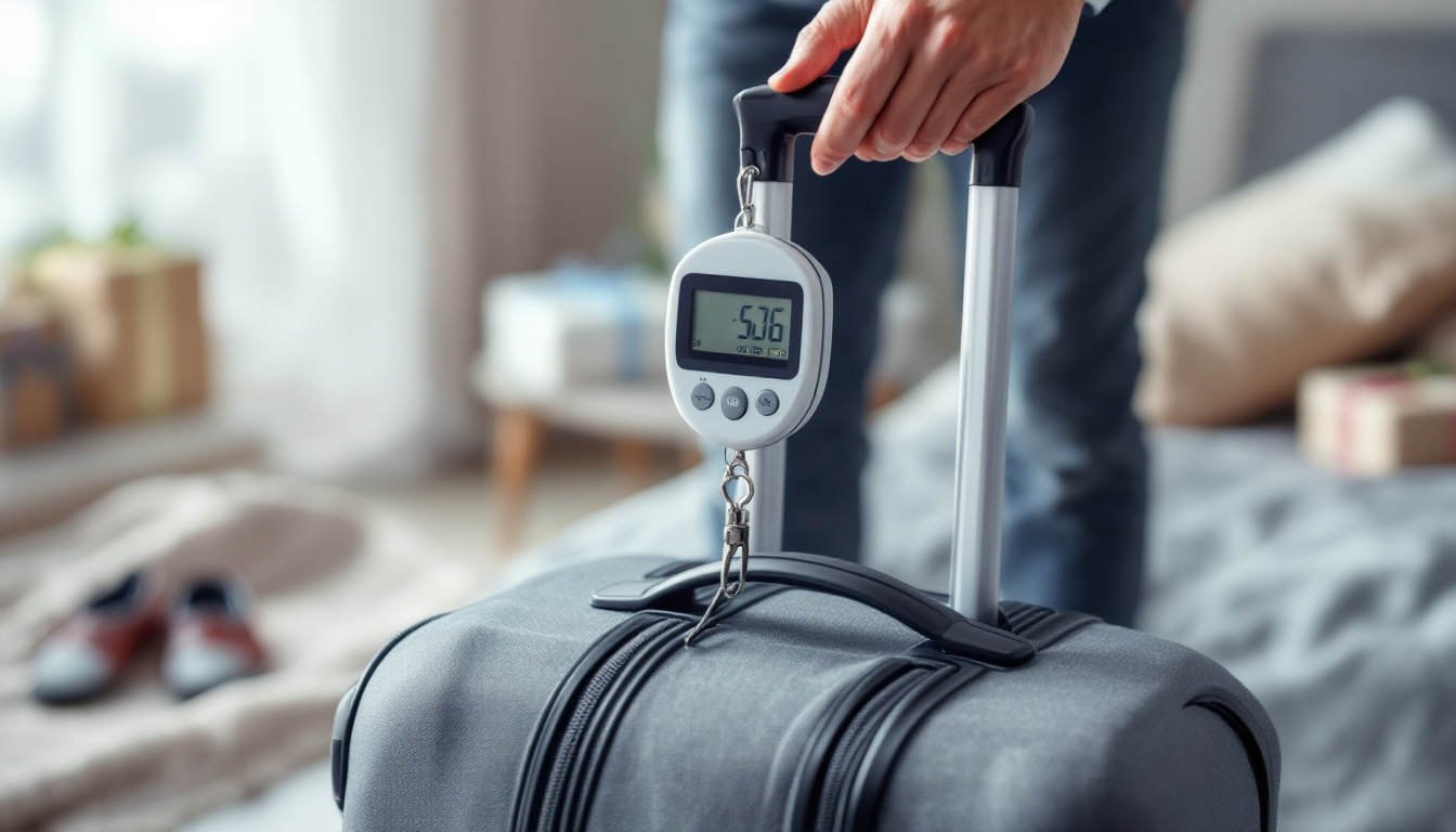 Weighing a packed suitcase with a handheld luggage scale before an NZ flight