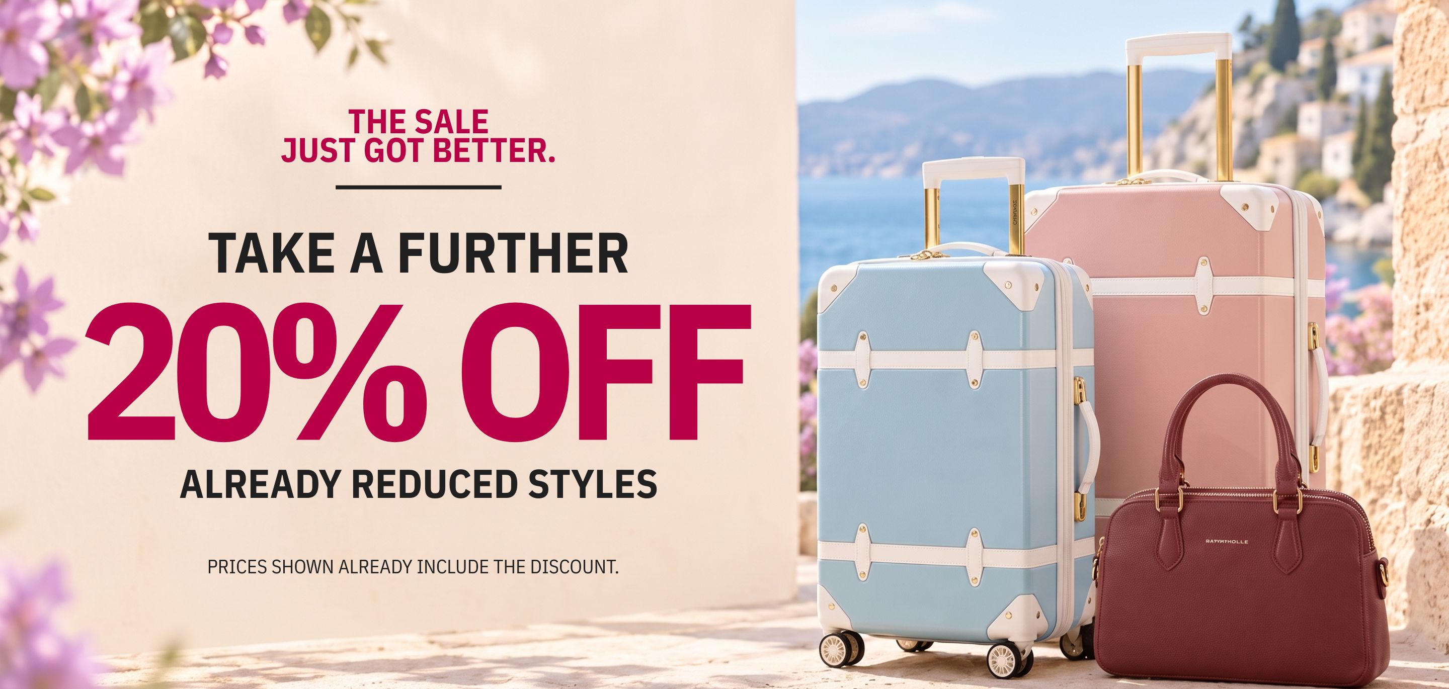 Couple relaxing on a seaside jetty with lilac and mint green San Michelle suitcases