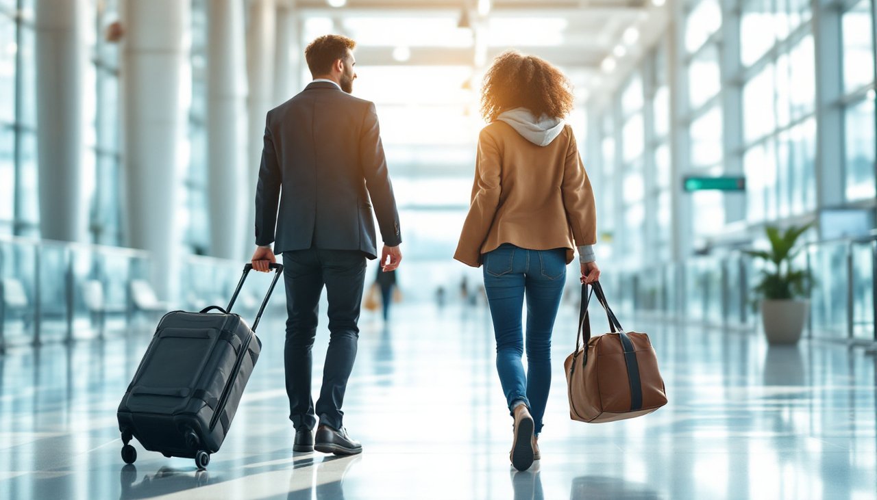 Two travellers in an airport terminal, one pulling a wheeled duffel bag and one carrying a duffel bag on a shoulder strap