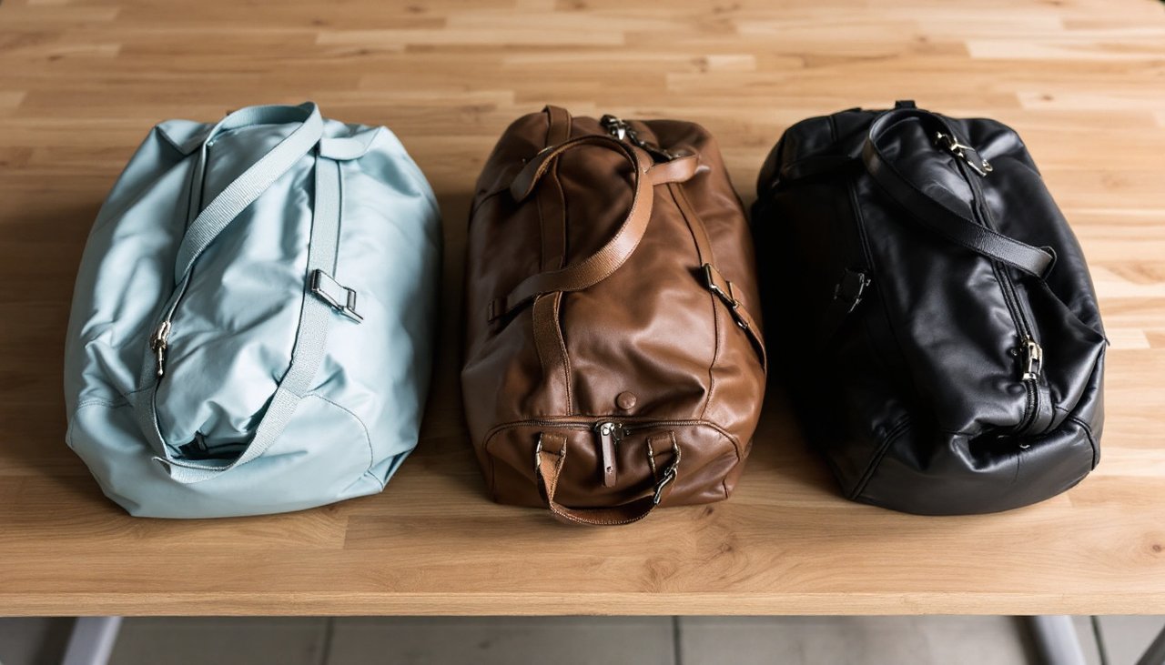 Nylon, faux leather and genuine leather duffel bags side by side on a wooden table