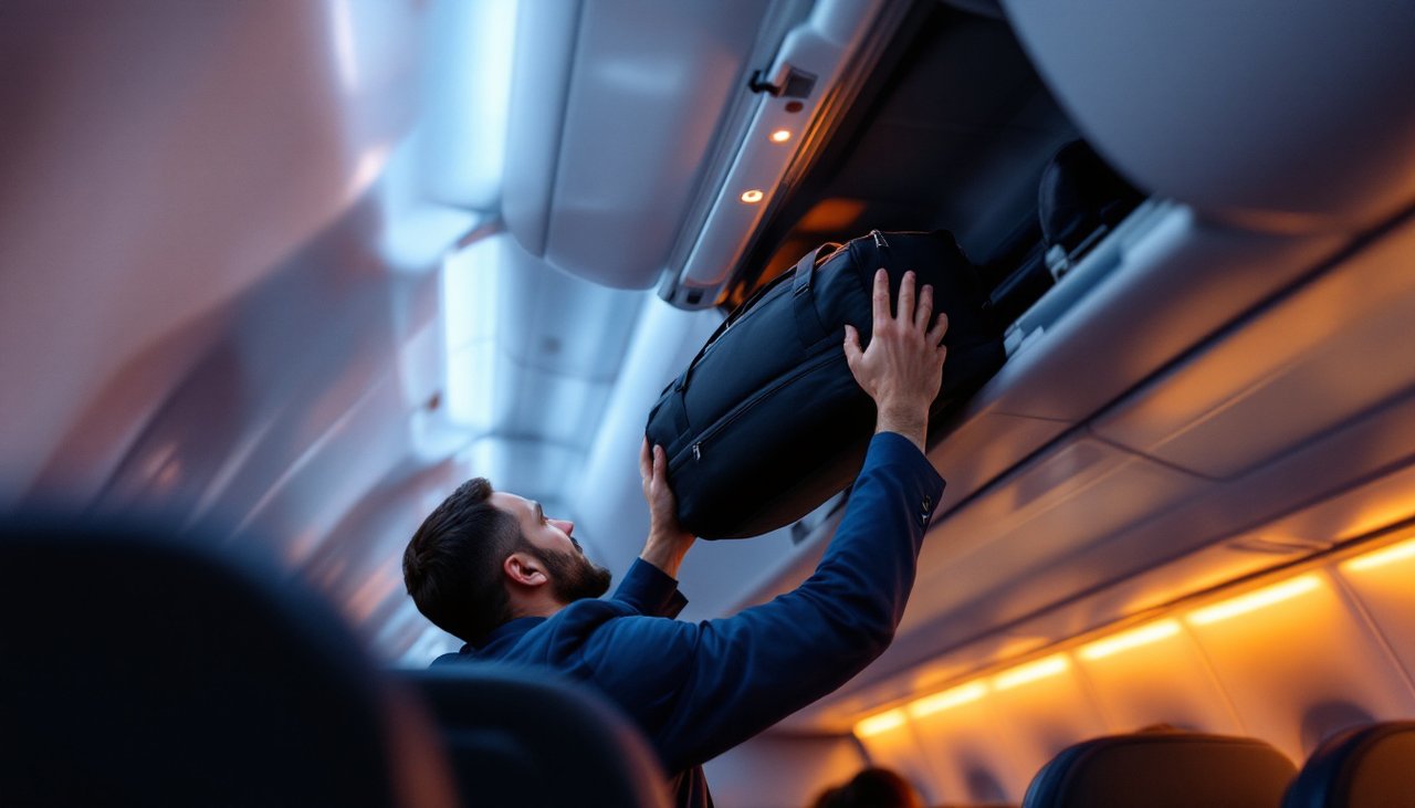 Passenger placing a soft duffel bag into an aircraft overhead locker