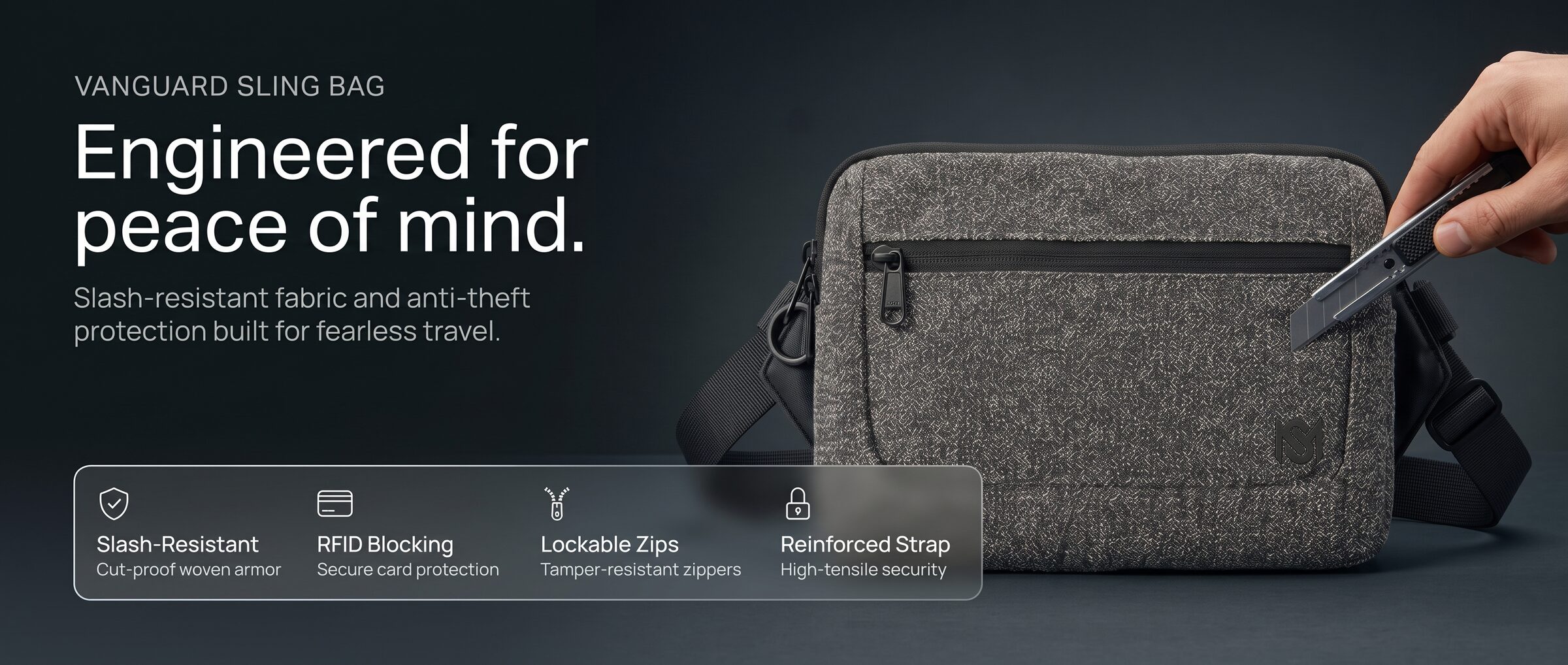 Vanguard Sling Bag in grey slash resistant fabric, engineered for peace of mind