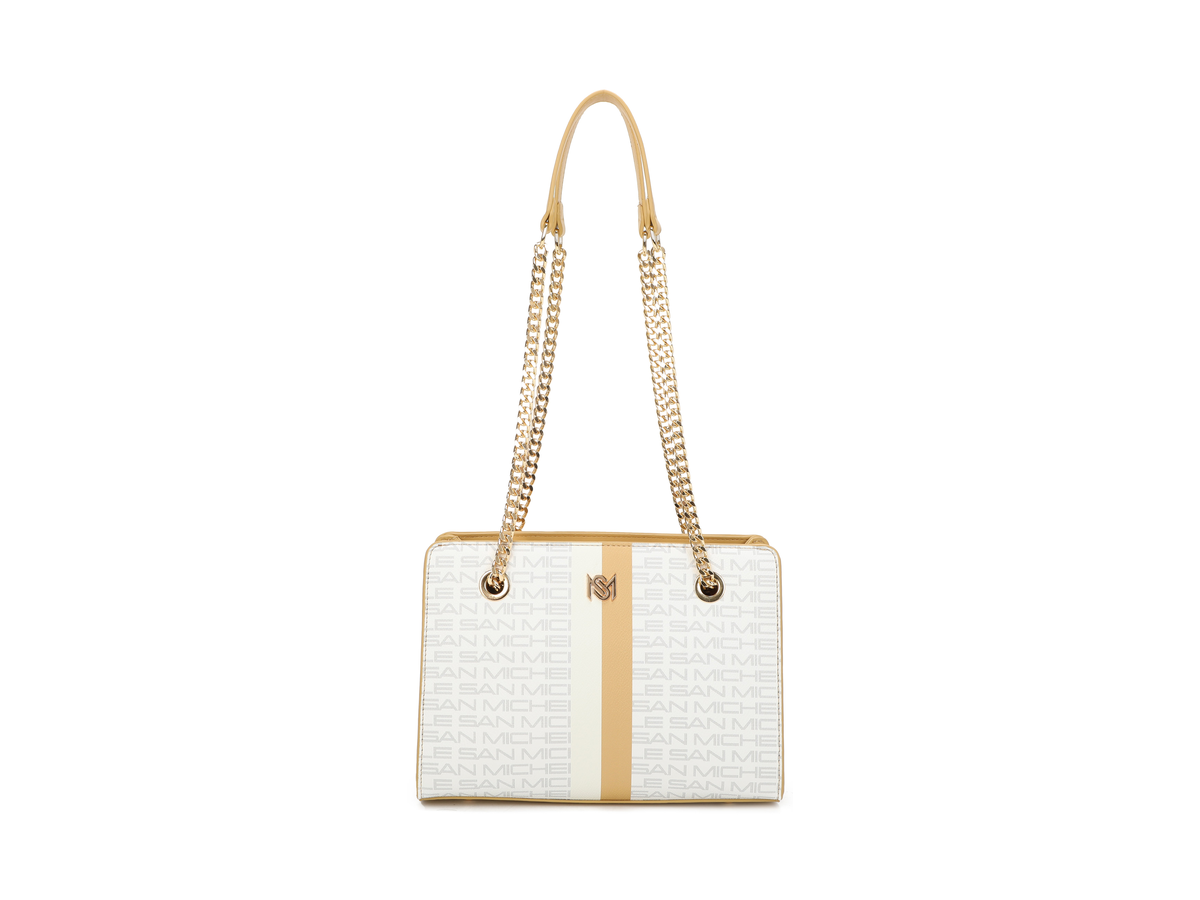 San Michelle Allison shoulder bag in camel with a chain and leather strap, a structured leather shoulder bag for work and dinners