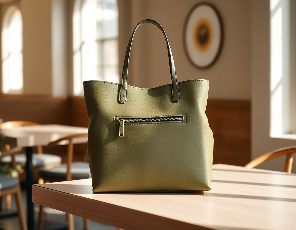 A San Michelle olive khaki vegan leather tote bag on a wooden cafe table in soft morning light, showing the structured shape, gold zip detail and shoulder strap drop