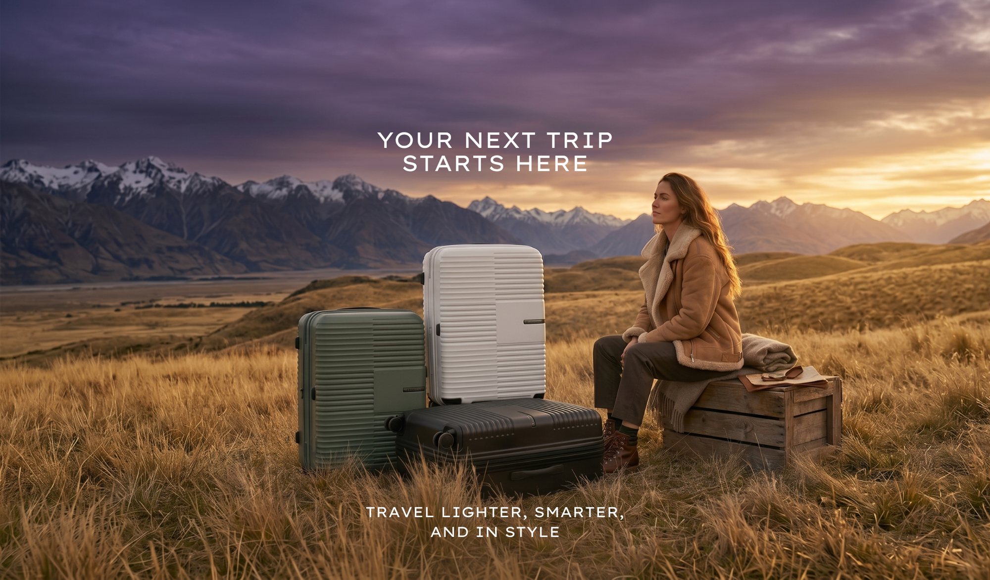 Traveller seated beside three San Michelle suitcases in a New Zealand high country landscape at sunset, your next trip starts here