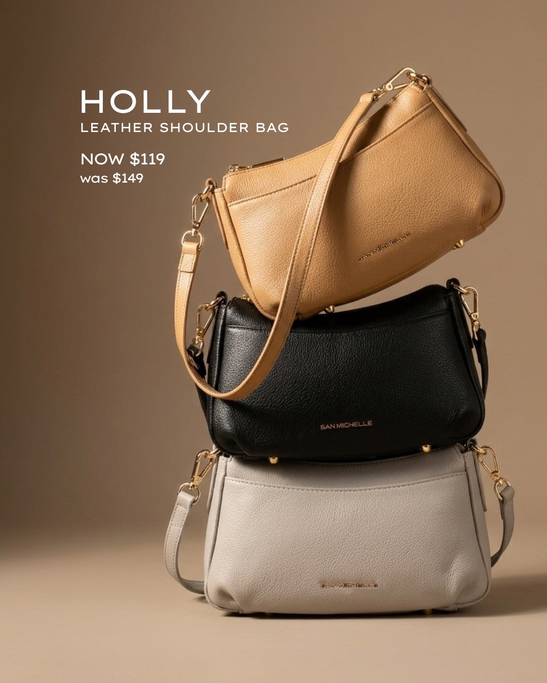Three Holly leather shoulder bags in tan, black and stone, stacked