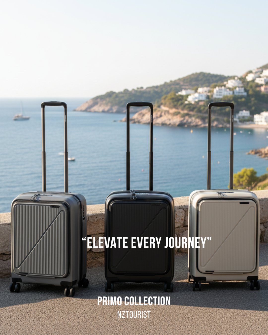 Three NZTourist Primo front open suitcases lined up above a Mediterranean bay