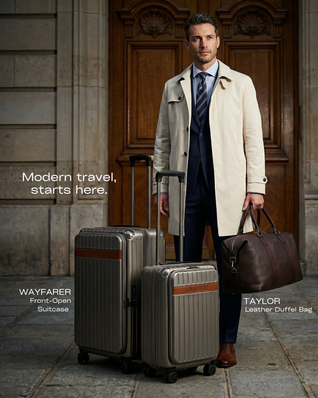 Traveller in a trench coat with two San Michelle Wayfarer suitcases and a Taylor leather duffel bag