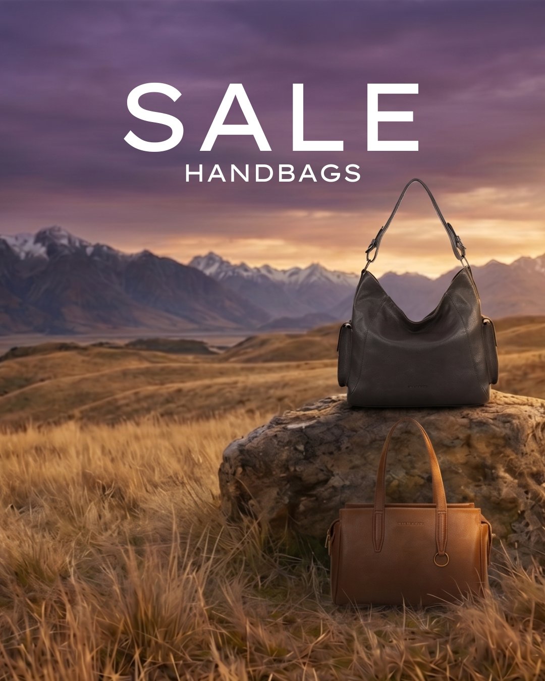 Two San Michelle leather handbags on a rock in the high country at sunset, handbag sale