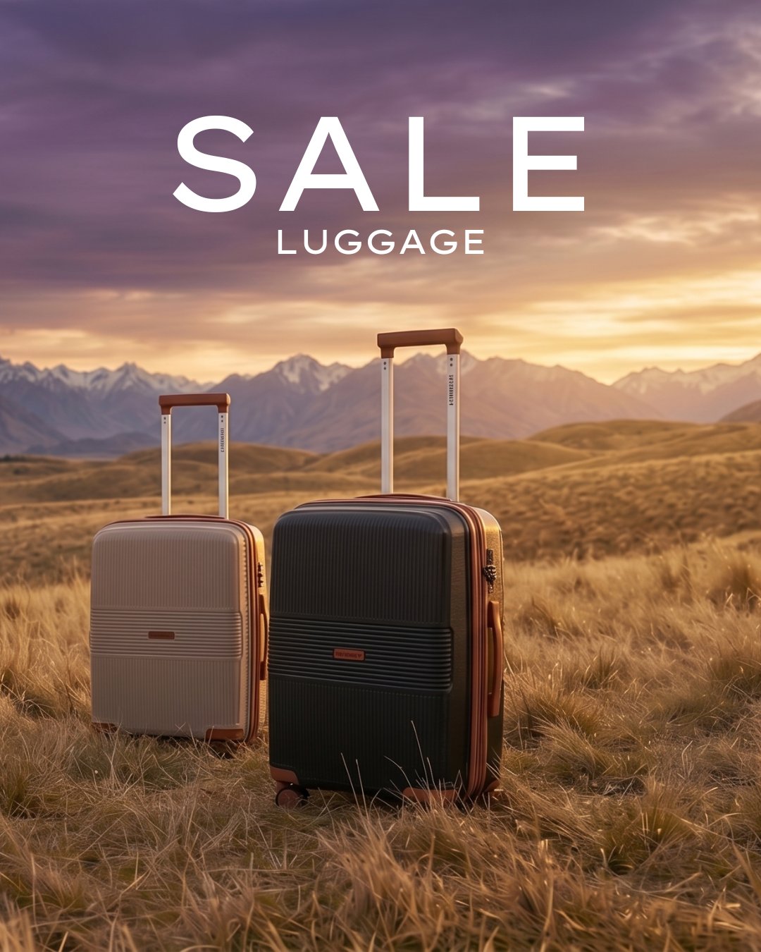 Two San Michelle suitcases in tussock grass at sunset, luggage sale