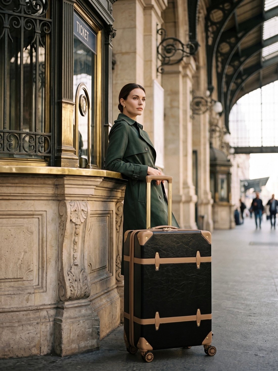 Traveller in a green coat beside a San Michelle vintage trunk suitcase inside a station arcade