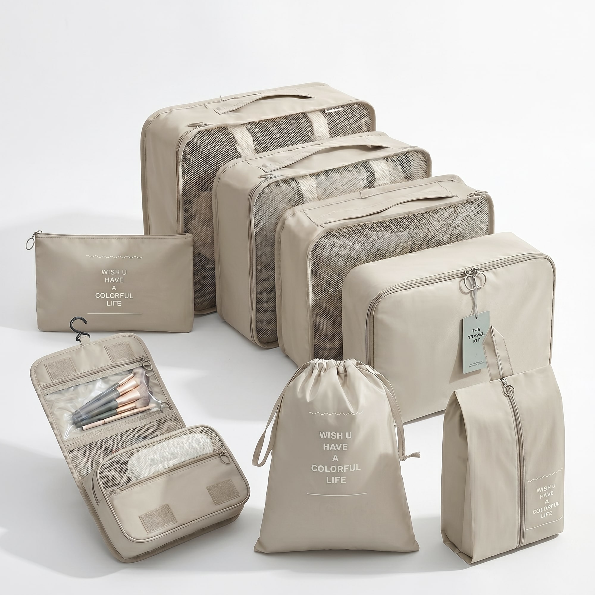 8-Piece Travel Organizers with Toiletry Bag - Beige