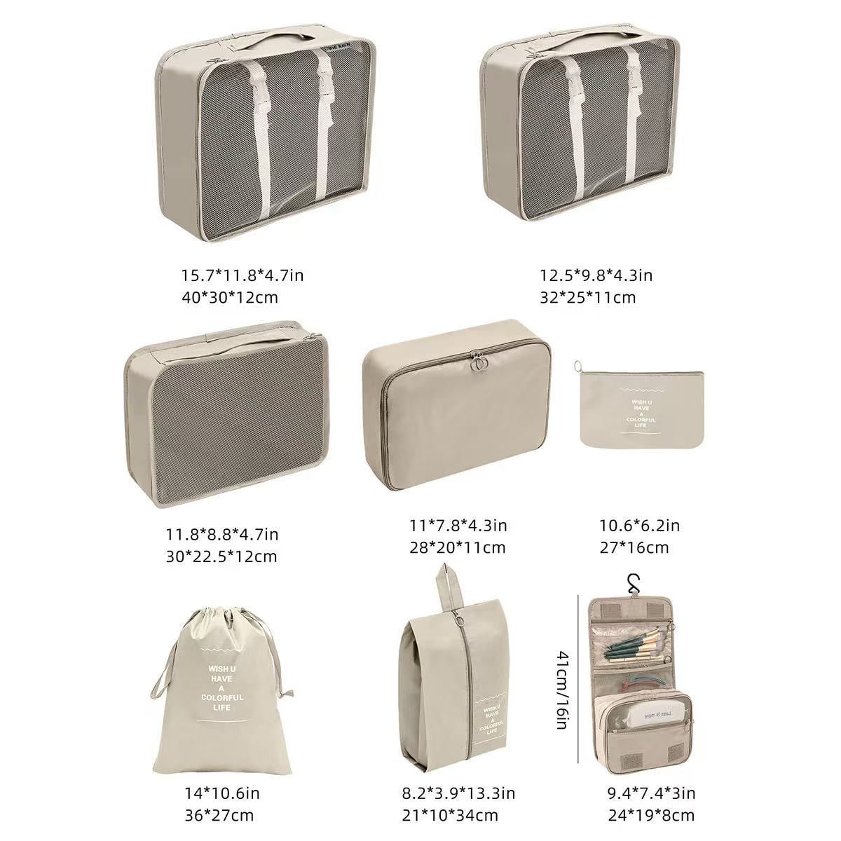 8-Piece Travel Organizers with Toiletry Bag - Beige view 3