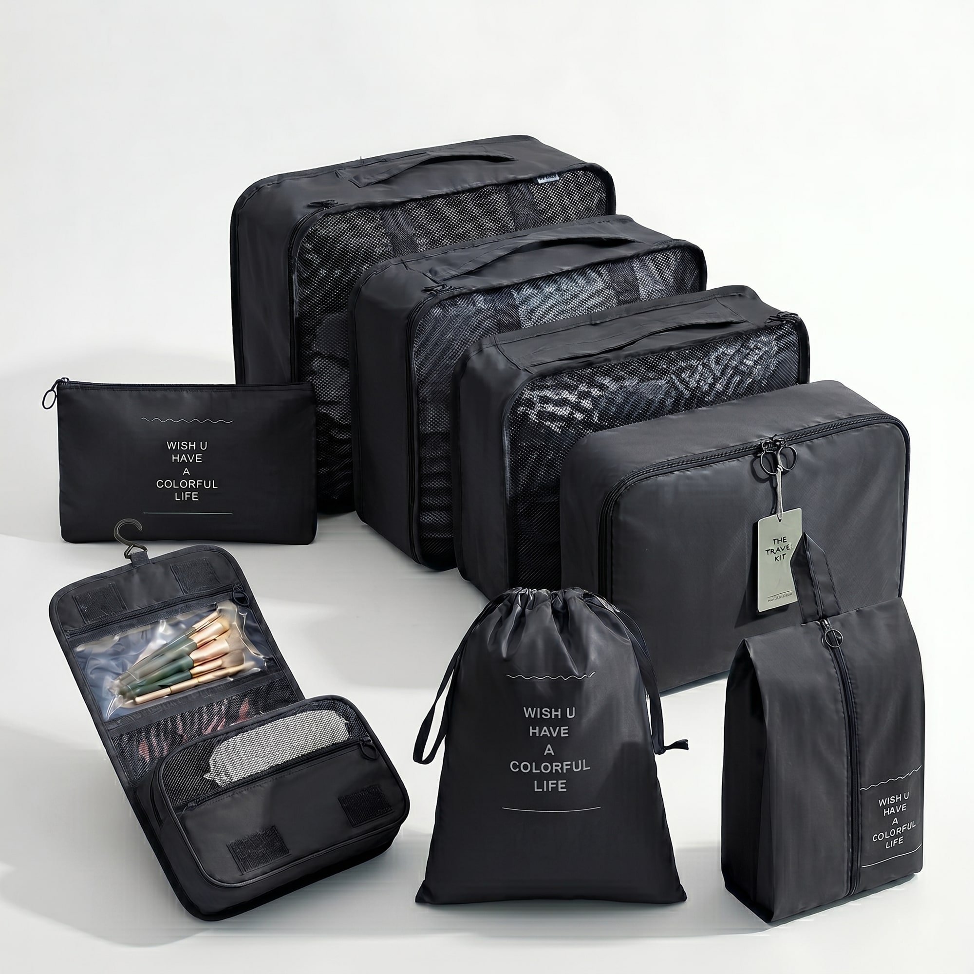 8-Piece Travel Organizers with Toiletry Bag - Black