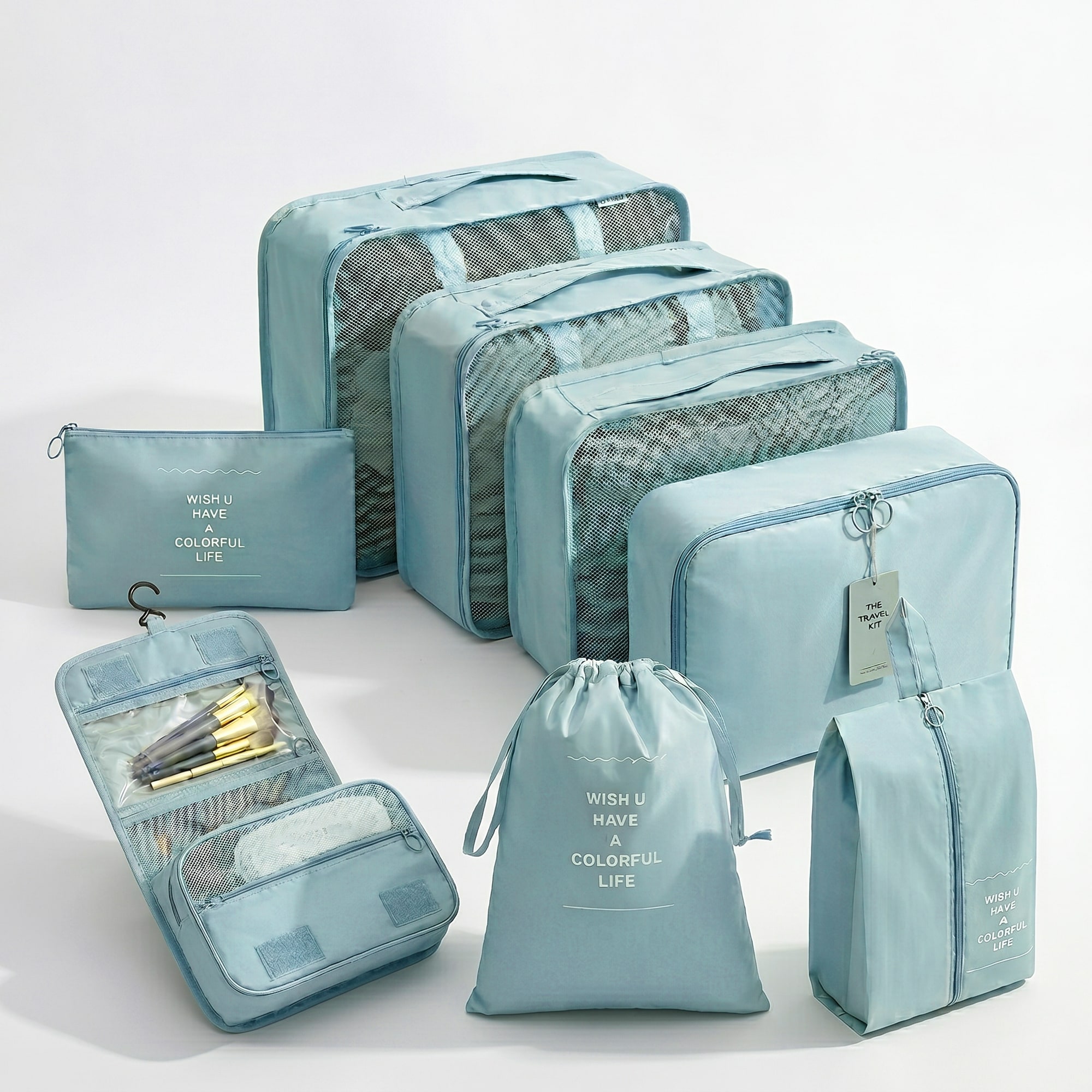8-Piece Travel Organizers with Toiletry Bag - Light Blue