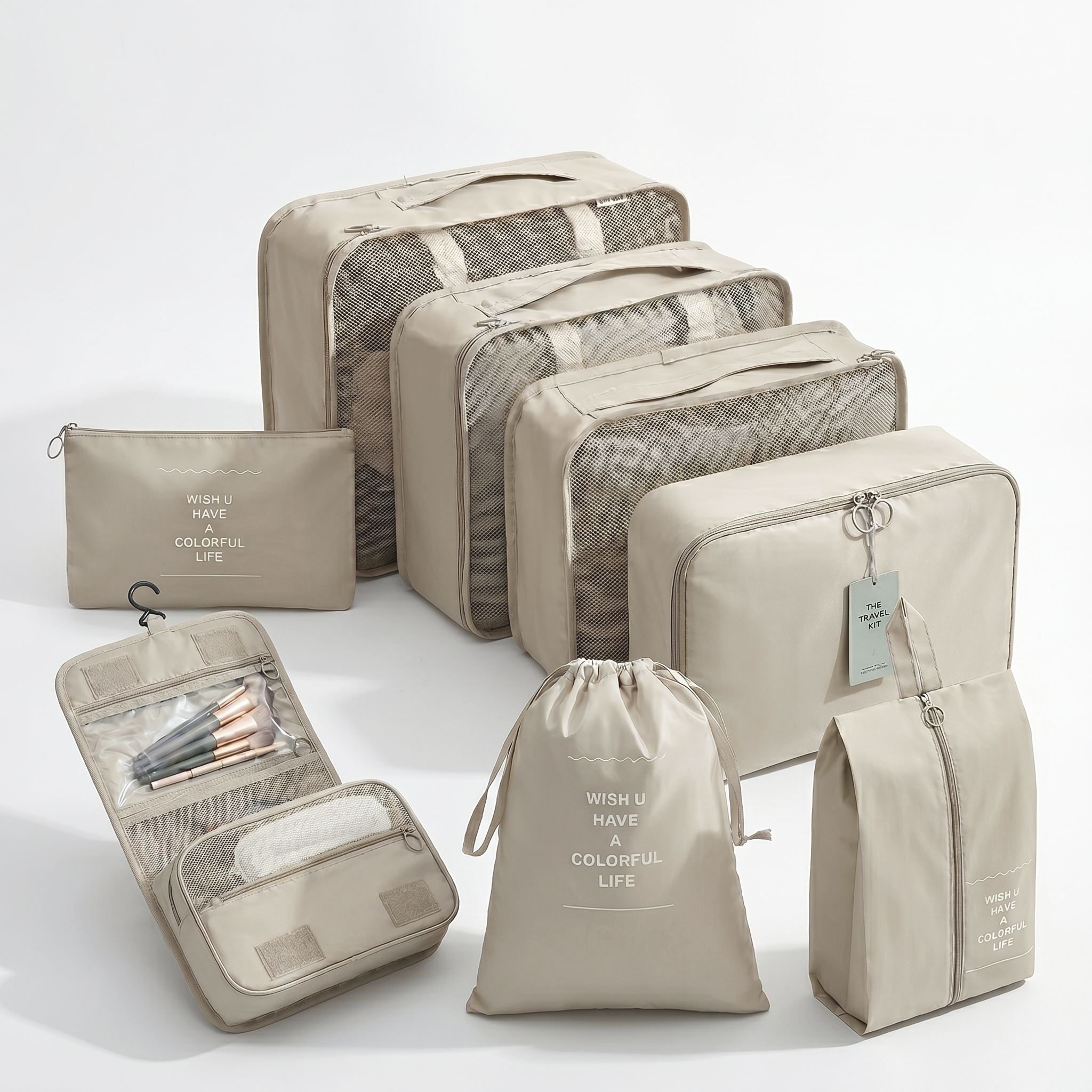8-Piece Travel Organizers with Toiletry Bag - Beige