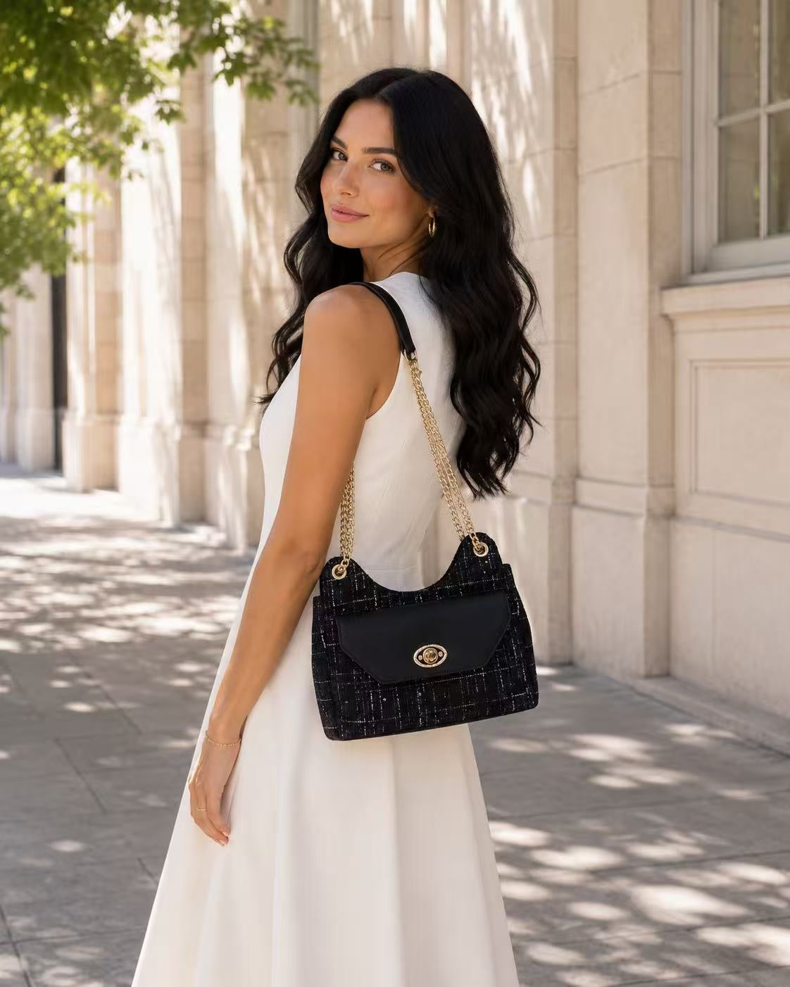 Claire Tweed Shoulder Bag - Black