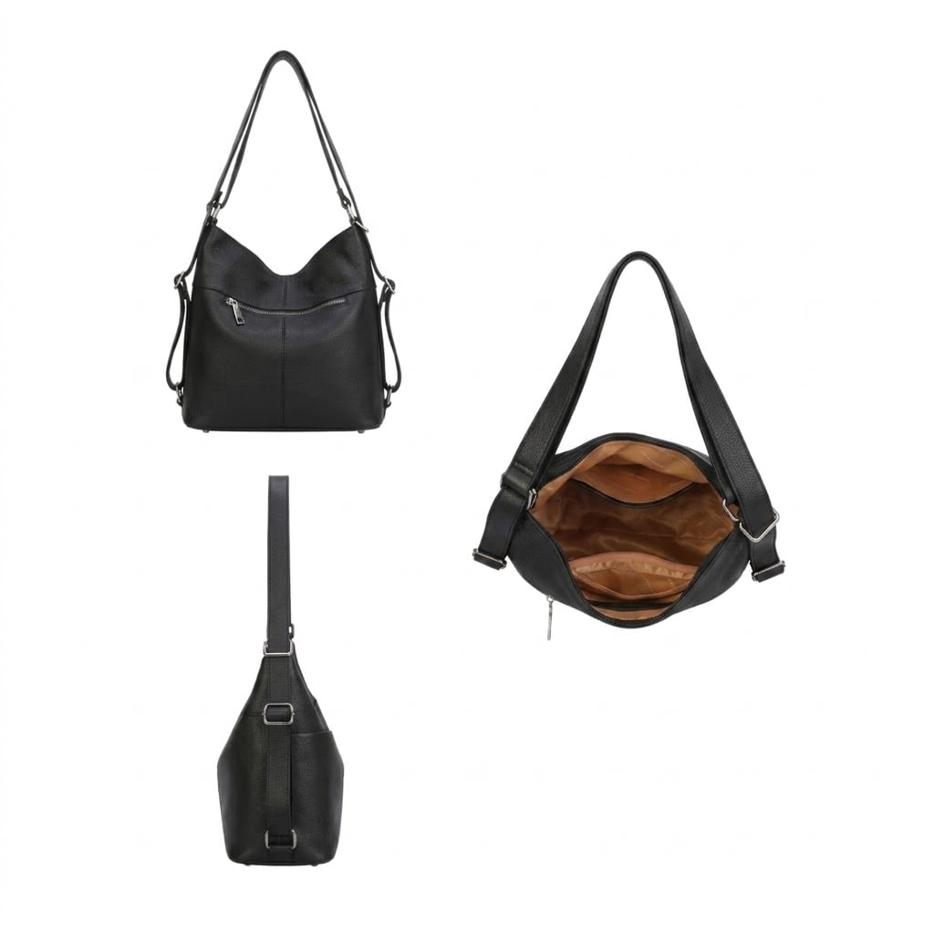Paula Leather Convertible Shoulder Bag - Black